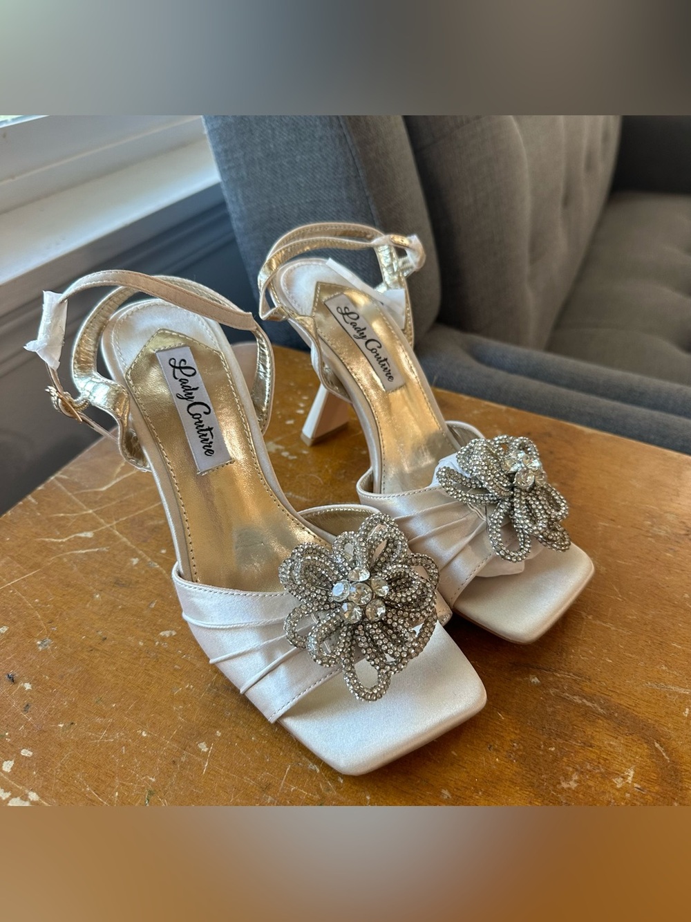 Lady Couture Ivory Satin Heels with Crystal Floral Accent 🌾